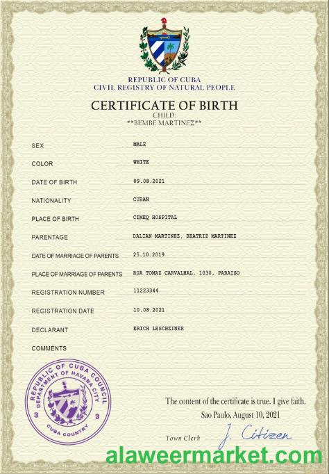 Cuba vital record birth certificate PSD template